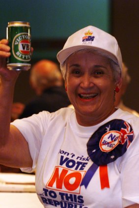 Goma Currey celebrates at the No vote's official function  at the Darling Harbor Convention Centre in Sydney.