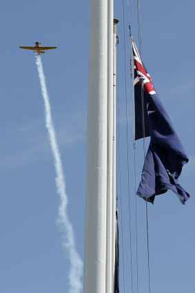 A fly over is performed at the Shrine of Remembrance on Monday.