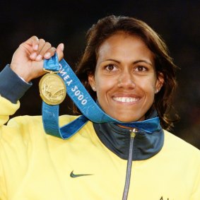 Cathy Freeman with her gold medal for the 400 metres.
