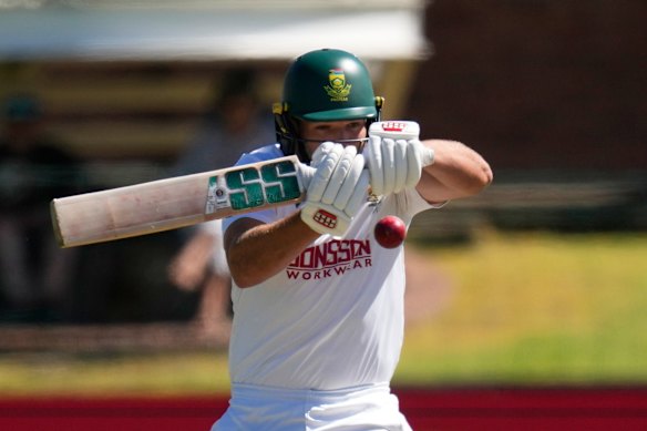 South Africa’s Wiaan Mulder plays a shot on day three.