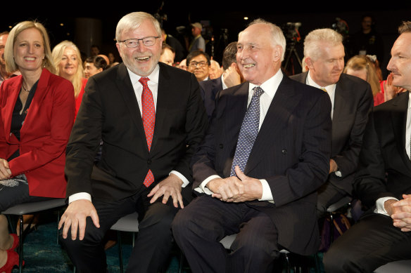 Former prime ministers Kevin Rudd and Paul Keating on Sunday. 