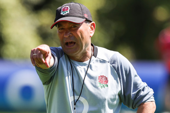 Eddie Jones yells instructions at his players during an England training session.