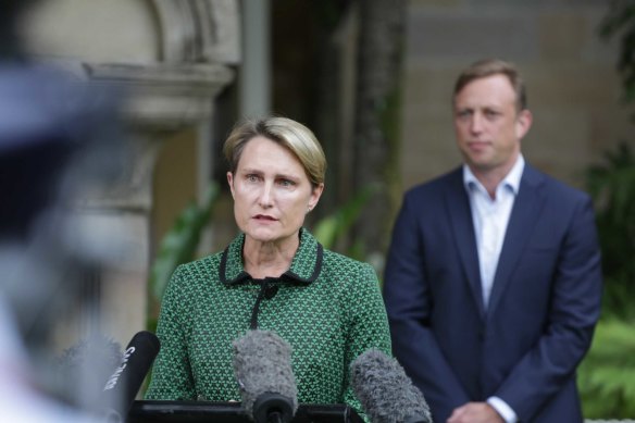 Queensland acting Chief Health Officer Sonya Bennett announcing the greater Melbourne hotspot on Friday with Deputy Premier Steven Miles.