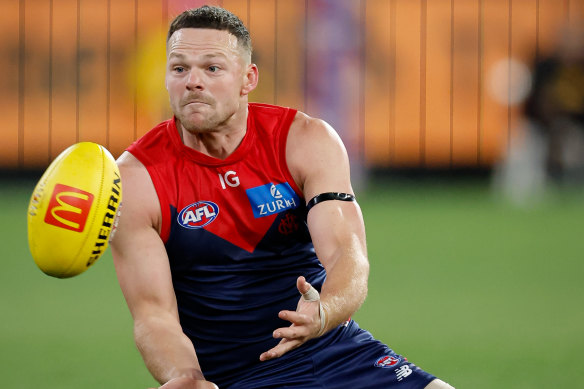Steven May in action for the Demons against North Melbourne on Saturday night.