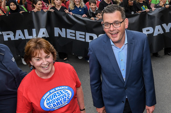 The Australian Nursing and Midwifery Federation’s Lisa Fitzpatrick at a rally with Premier Daniel Andrews in 2018.