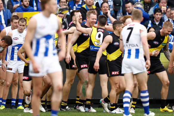 Jack Riewoldt and Trent Cotchin in their final game for the Tigers.