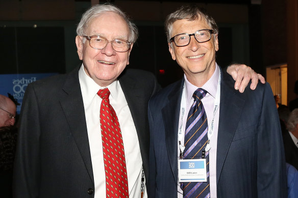 Gates and Warren Buffett (left) pledged in 2010 to give at least half their fortunes away, opening the door to an Epstein plot.