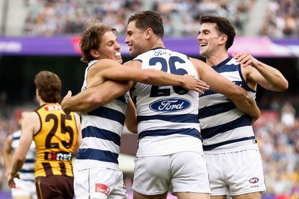 Tom Hawkins celebrates a goal.