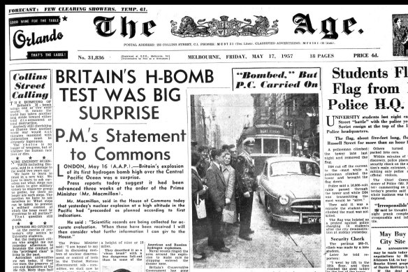 The Age’s front page for May 17, 1957, a year before the test witnessed by Paul Bass. 
