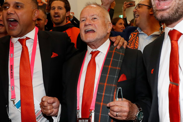 GWS Giants chairman Tony Shepherd belts out the club song after last year's preliminary final win over Collingwood.