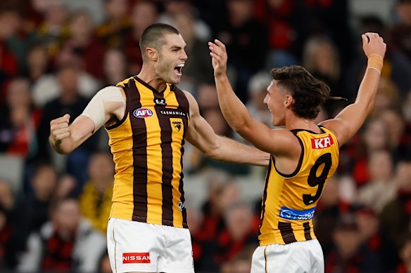 Ned Reeves and Connor Macdonald celebrate a goal.
