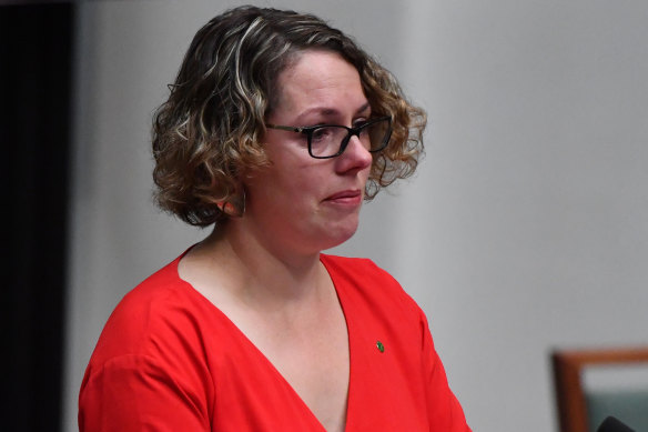 Labor MP Alicia Payne tears up during House of Representatives business at Parliament House this week.