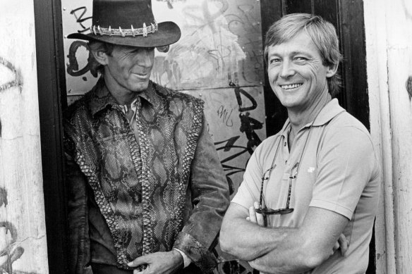 “Hoges” and “Strop” on the set of Crocodile Dundee in 1986. 