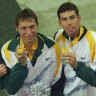 Ian Thorpe wins gold in the mens 400m freestyle with Australian teamates Grant Hackett (R) silver and Daniel Kowalski (L)  bronze.