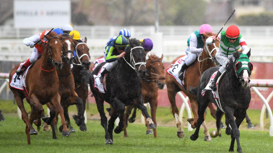 Jockey Damian Lane steers Mer De Glace to victory at the 2019 Caulfield Cup. 