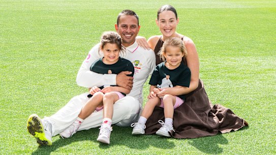 Usman Khawaja with his wife, Rachel, and their daughters Aisha and Ayla. 