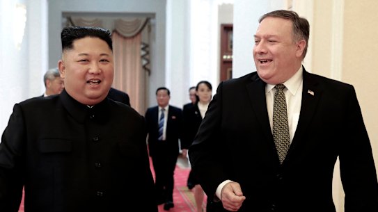 North Korean leader Kim Jong-un, and US Secretary of State Mike Pompeo walk together before their meeting in Pyongyang in October 2018.