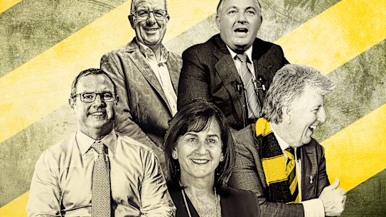 Richmond powerbrokers (clockwise from bottom left): Former Macquarie bank executive Nick O’Kane, club president John O’Rourke, former businessman and president Alan Bond, and No.1 male and female ticket holders Mark Nelson and Evelyn Danos.