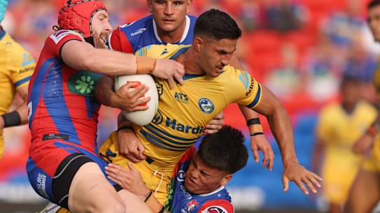 Parramatta’s Dylan Brown on the attack against Newcastle. He could potentially be playing for the Knights next yhear.