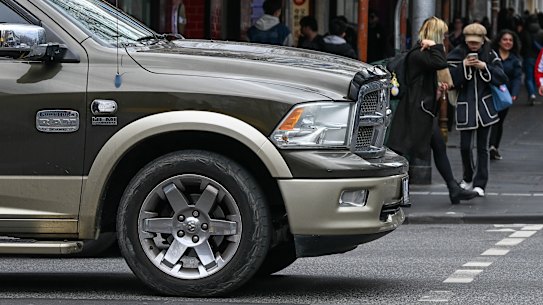 A RAM truck stopped over a pedestrian crossing in Melbourne’s CBD.