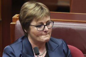 An emotional Minister for Defence Linda Reynolds in Parliament on Thursday where she apologised to Higgins.