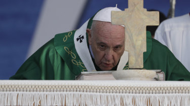 Pope Francis celebrates Mass on the occasion of the "Mediterranean sea a border of peace" conference in Bari, Italy, on Sunday.