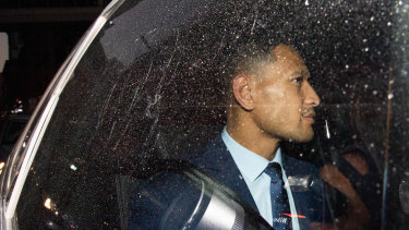 Israel Folau leaves his Rugby Australia code of conduct hearing in Sydney on Tuesday. 