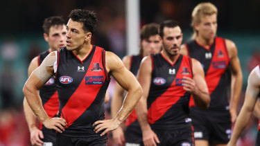 A dejected Essendon group after their SCG loss to the Swans.