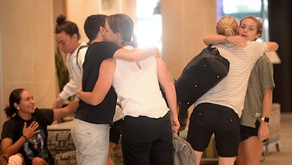 The Matildas arrive at the Crowne Plaza on Monday.