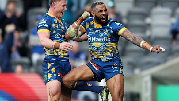 Josh Addo-Carr celebrates one of his Indigenous Round tries.