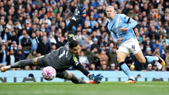Erling Haaland scores his second and Manchester City’s third in a rout of their derby rivals.