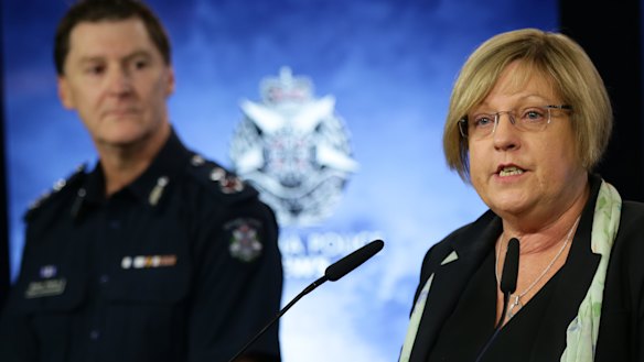 Police Minister Lisa Neville with Deputy Commissioner Shane Patton on Thursday morning.
