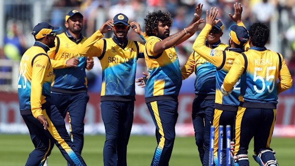 Hope dashed: Lasith Malinga celebrates with teammates after bowling Shai Hope.