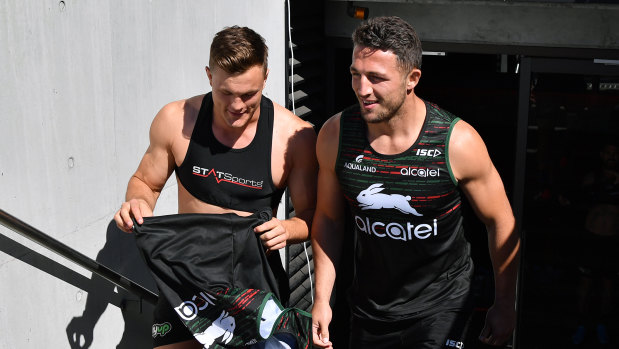 Liam Knight (left) prepares for Souths training with good mate Sam Burgess at Redfern Oval.