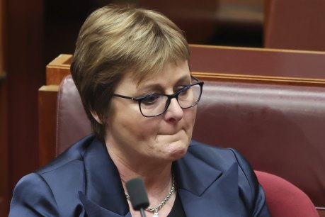 An emotional Minister for Defence Linda Reynolds in Parliament on Thursday where she apologised to Higgins. 
