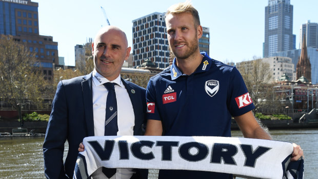 Victory coach Kevin Muscat welcomes Ola Toivonen last month.