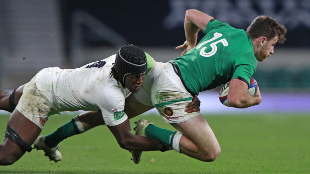Maro Itoje makes a tackle during England's win over Ireland.