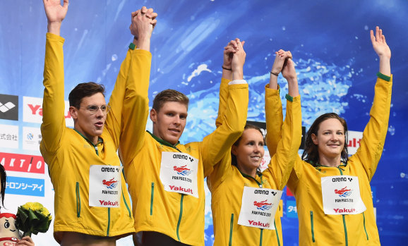 Medley magic: Mitch Larkin, Jake Packard, Emma Mckeon and Cate Campbell.