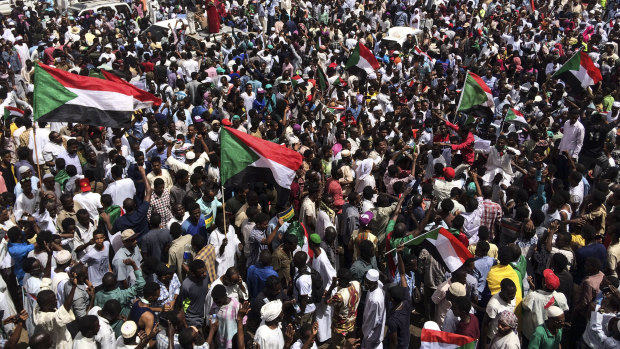 Demonstrators gather in Sudan's capital of Khartoum in April.