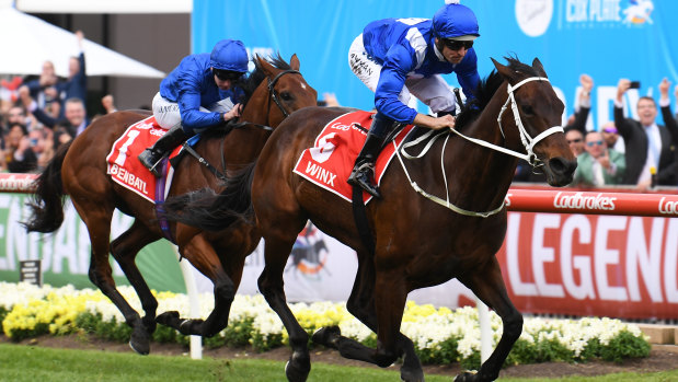 High expectations met: Winx strides away from Benbatl to win the Cox Plate.