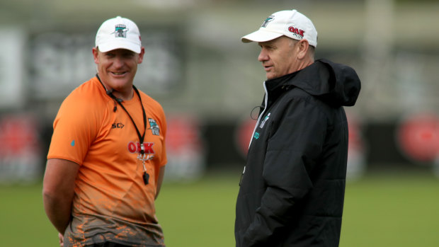 Port Adelaide assistant coach Michael Voss, (left) with coach Ken Hinkley.