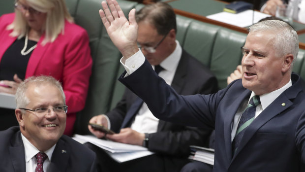 An upbeat Michael McCormack during Question Time on Thursday with Prime Minister Scott Morrison.