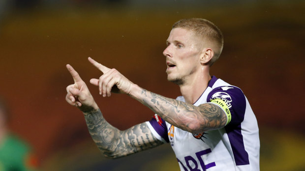 Andy Keogh celebrates  after scoring a goal in Gosford on New Year's Eve,