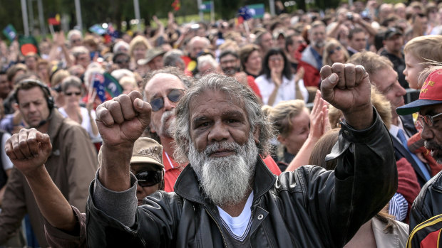 Reg Edwards on the lawns in front of Old Parliament House during Kevin Rudd's apology in 2008.