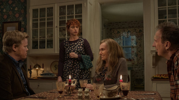 Jesse Plemons as Jake, Jessie Buckley as Young Woman, Toni Collette as Mother, David Thewlis as Father in <i>I'm Thinking Of Ending Things</i>. 