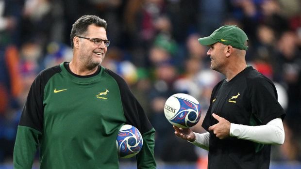 South Africa head coach Jacques Nienaber and director of rugby Rassie Erasmus in France.