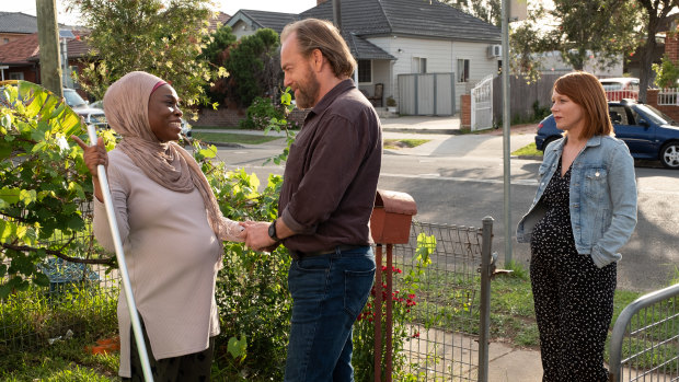 Hugo Weaving with Bolude Watson (left) and Hayley McElhinney in Hearts and Bones. 