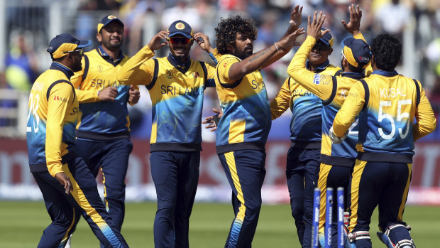 Hope dashed: Lasith Malinga celebrates with teammates after bowling Shai Hope.