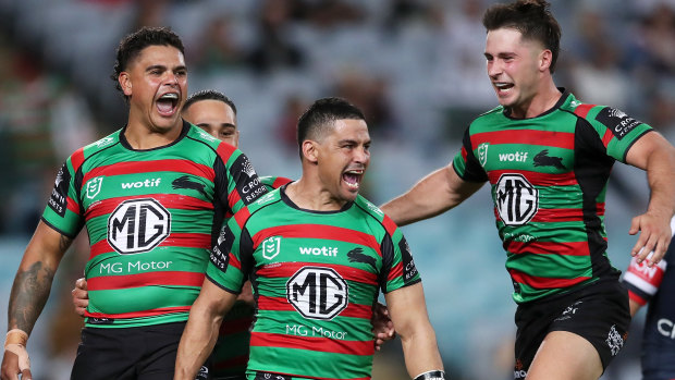 The Rabbitohs celebrate Cody Walker’s try.