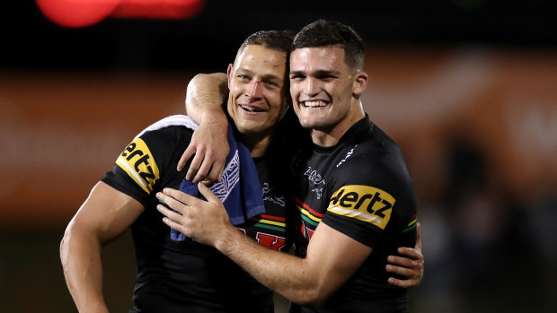 Nathan Cleary and Scott Sorensen celebrate another Panthers win.